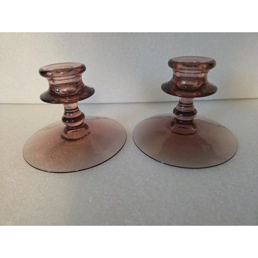Vtg Purple Manganese Glass Tapper Candle Holders‎ Set UV Light Fostoria Orchid
